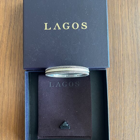 LAGOS DIAMOND 1.02 CTW 18K YELLOW GOLD & STERLING SILVER  HINGED BANGLE BRACELET - Picture 4 of 11